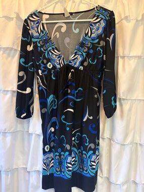Rhapsody Blue Black Floral Print Long Sleeve Dress